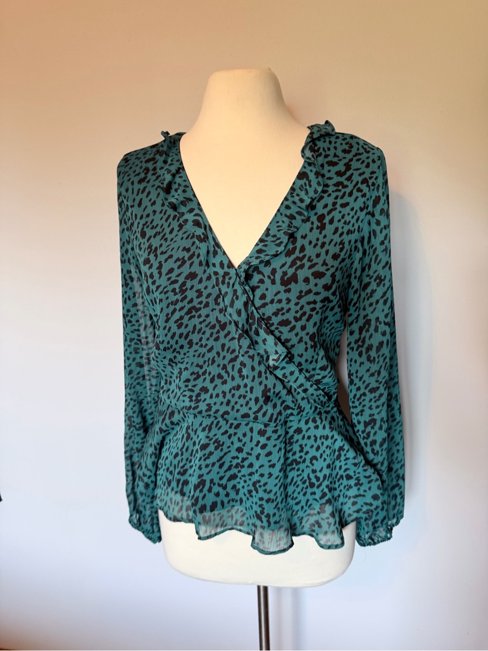 Teal Leopard-Print Wrap Blouse - Women